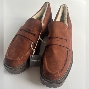 American Eagle Shearling Lug Loafer Brown Faux Suede Shoes Women Size 11